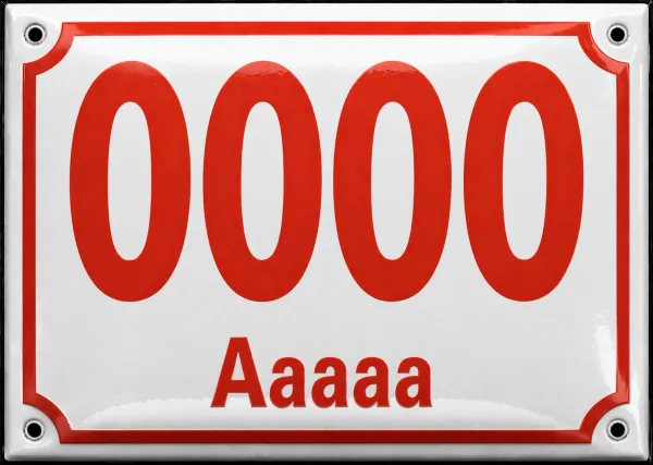 Smaltované domovní číslo s textem bílo červené